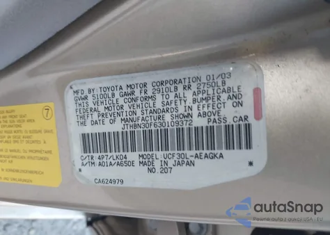 2003 Lexus Ls 430 из США, поврежденный, VIN JTHBN30F630109372